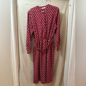Vintage 90s Appleseed’s Red Print Midi Dress Belted Shoulder Pads M